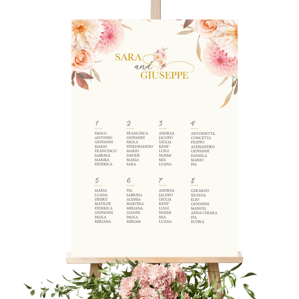 Tabellone invitati matrimonio lista invitati tavolo tema floreale